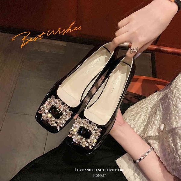 

dress shoes 2022 summer new net red square head rhinestone shallow mouth buckle leather thick heel versatile temperament commuter single 220, Black