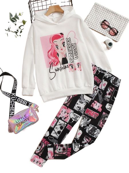 

girls figure & slogan graphic hoodie & leggings i68v#, Black;white