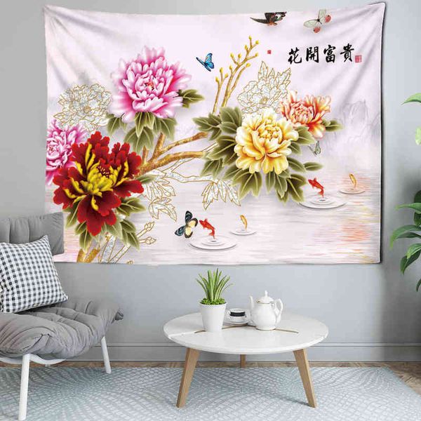 Ricchi fiori Arazzo Cinese Peonia Tarocchi Camera Sfondo Decorazione della parete Pittura Boho Tappeto Home Art Buon regalo J220804