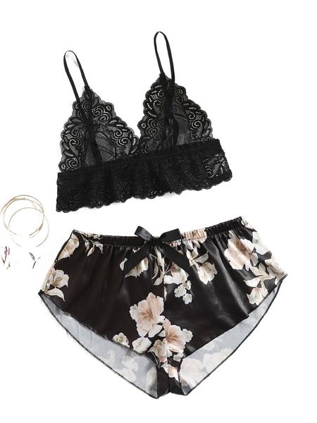 

floral lace bralette with floral print shorts 31ei#, Black;red