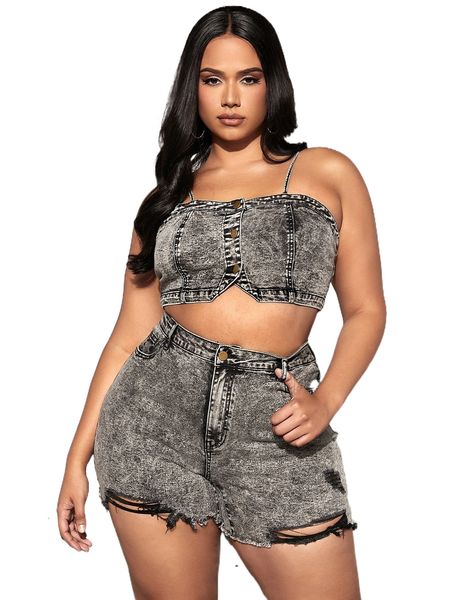 

plus button up cami denim & raw cut denim shorts i2ee#, White