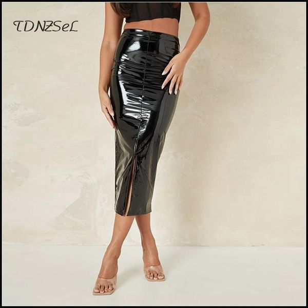 

autumn faux latex leather midi skirts women skinny high waist pu skirts large size back hems split fashion bodycon custom 210306, Black