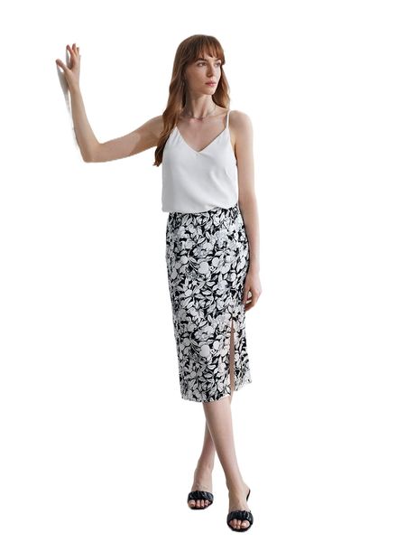 

motf premium 100% silk floral midi skirt y8jr#, Black