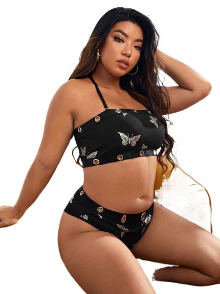 

plus butterfly print grommet detail crisscross wireless lingerie set c8cp#, Black;white