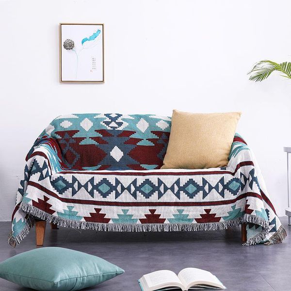 Decken Polyester Baumwolle Sofa Handtuch Decke Homestay Dekoration Modell Zimmer Staubschutz Tuch Quaste Gestrickte Linie Boho DeckeDecken