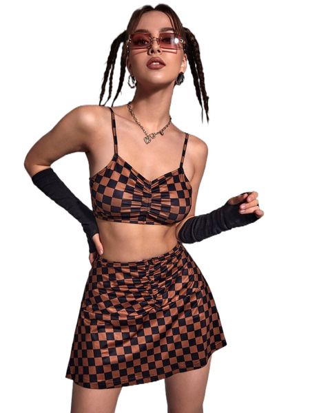 

buffalo plaid ruched cami crop & skirt set r7dl#, White