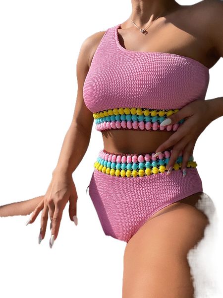 

colorful pom-pom decor one shoulder bikini swimsuit x3yi#, White;black