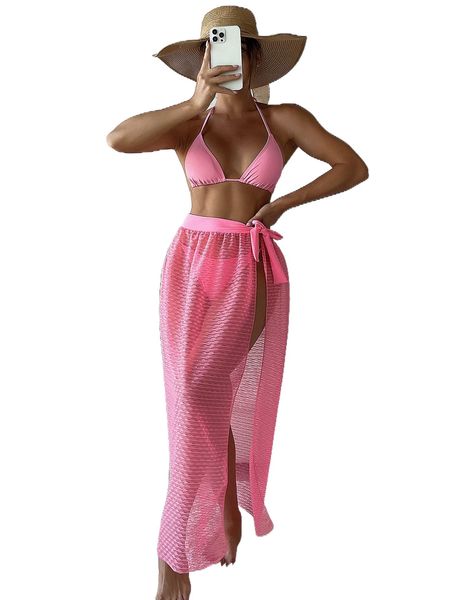 

3pack halter triangle bikini swimsuit & beach skirt s6lw#, White;black