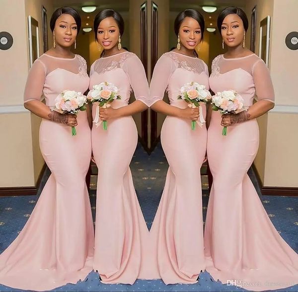 

blush pink sheer jewel neck bridesmaid dresses 1/2 sleeve mermaid floor length black girls maid of honor gown wedding guest dress, White;pink