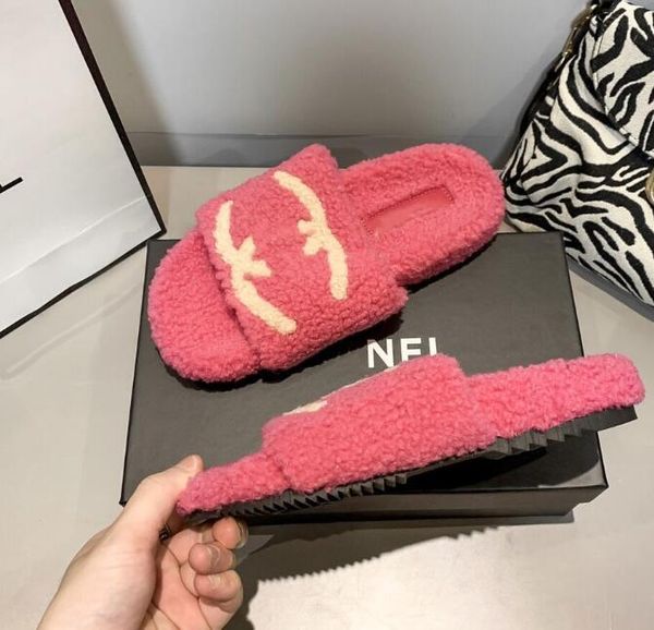 

designers women soft slippers woolskin sheepskin insole slides winter luxury plush fur oran sandals rubber sole flat slipper c68, Black