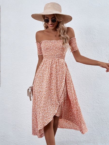 

ditsy floral off shoulder shirred bodice wrap dress l4zm#, Black;gray