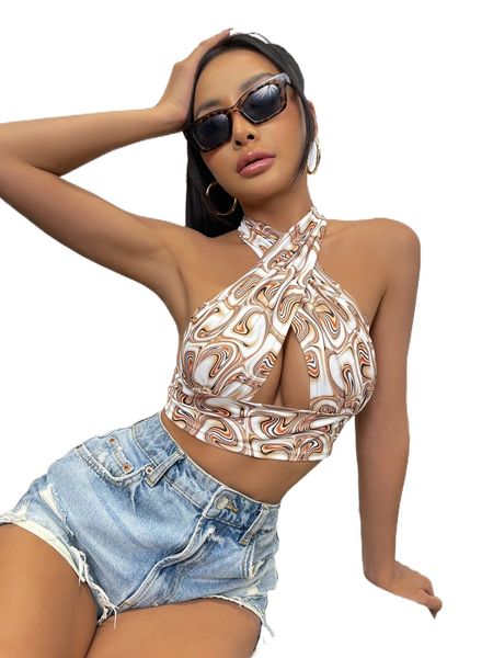 

marble print cross halter u09c#, White