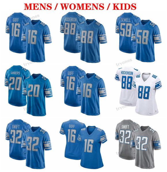 

mens 16 jared goff 32 d'andre swift womens kids custom football jerseys 88 t.j. hockenson 23 jeff okudah 20 barry sanders 58 penei sewe, Black