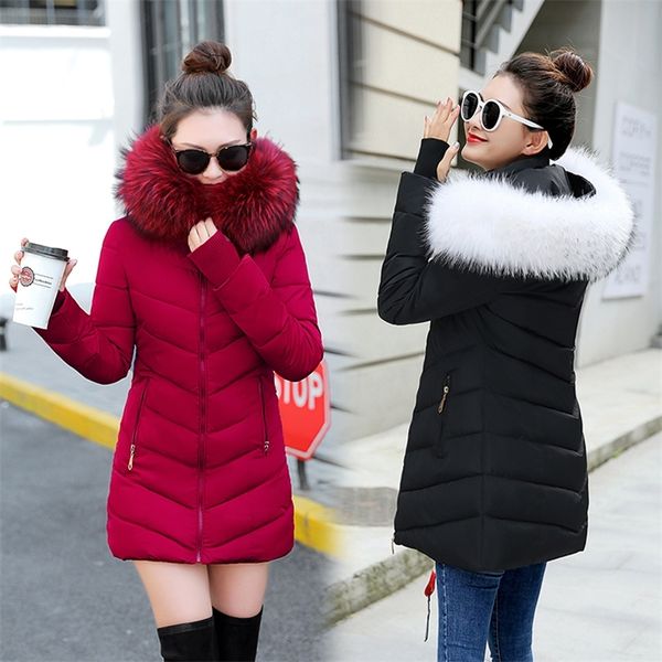 

winter jacket women 2019 female coat hooded slim outwear woman long parka faux fur cotton padded abrigos mujer invierno t200319, Black