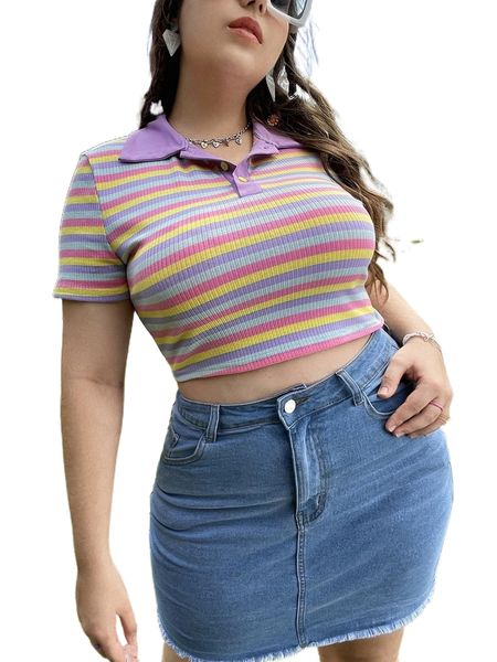 

plus colorful striped polo neck crop tee r3ta#, Black