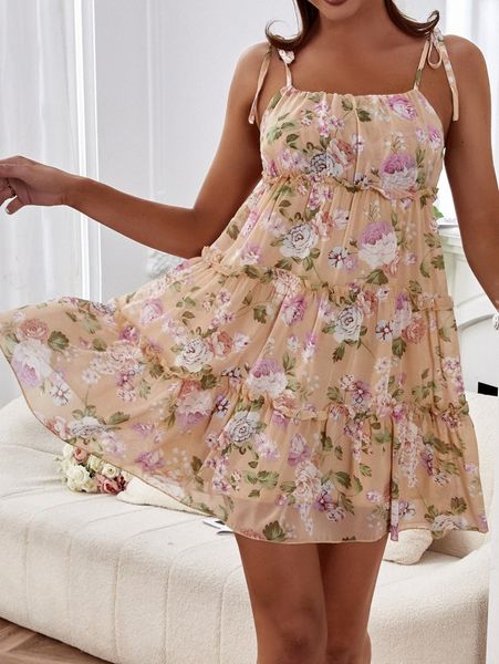 

floral print tie shoulder ruffle hem cami dress v9mn#, Black;gray