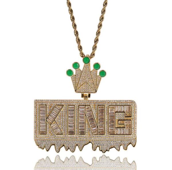 

hip hop cz stone bling iced out crown letter rich pendants necklaces for men rapper jewelry gold silver color gift