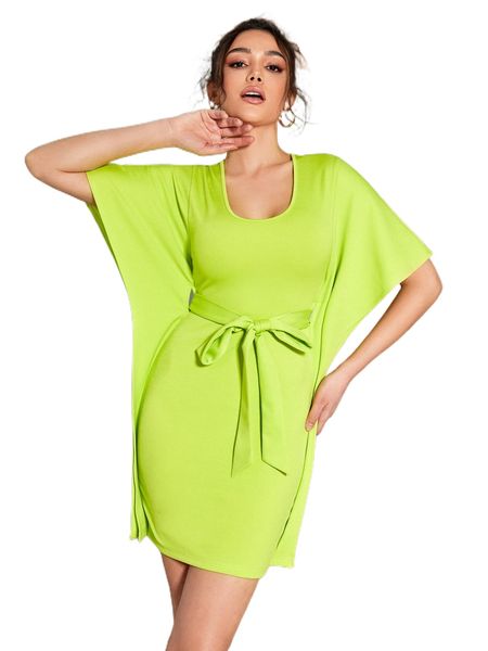 

x xenia batwing sleeve belted dress x4fn#, Black;gray