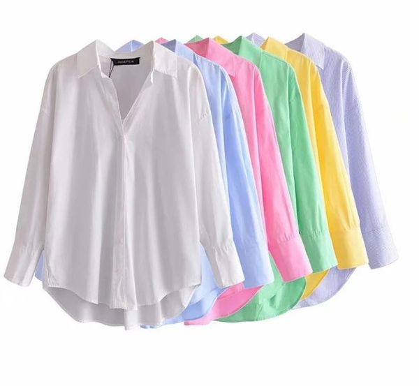 

oversized button down shirts for women casual long sleeve candy color v neck dressy blouses curved hem casual streetwear, White