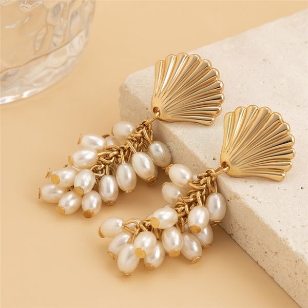 

elegant geometric pearl dangle earrings for women summer beach gold color metal shell earrings jewelry, Silver