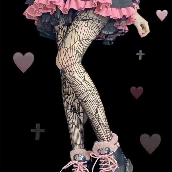 Seksi Tayt Kadın Cobbweb Gizem Uyluk Yüksek Bel Çorapları Gotik JK Lolita Örümcek Web Met Nets Fishnet Pantyhose Kız Hediyeleri T220808
