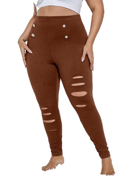 

plus cut out double button leggings 542a#, Black