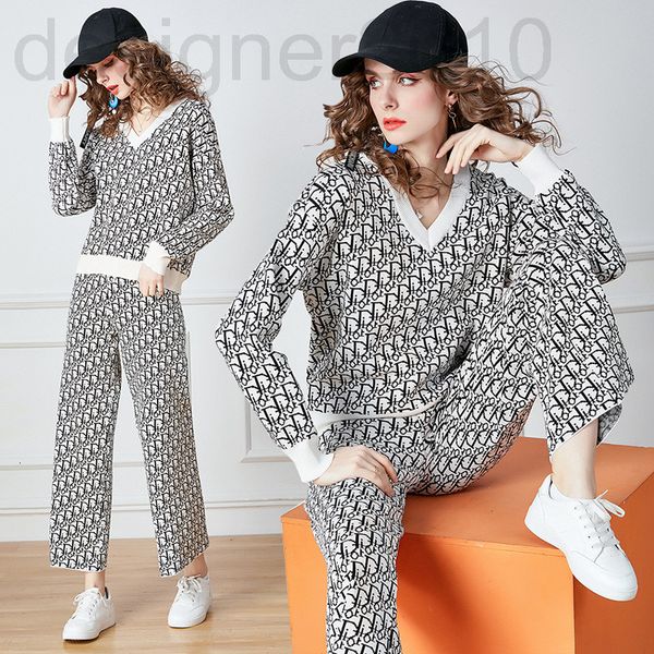 

women's sweaters designer 2021 autumn and winter new v-neck long sleeve loose casual knitted sweater + fashionable wide leg pants two-p, White;black