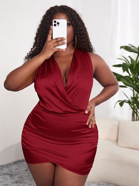 

sxy plus surplice neck ruched satin bodycon dress z8ok#, Black