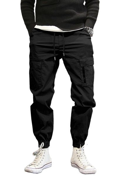 

men flap pocket drawstring waist cargo pants k385#, Black