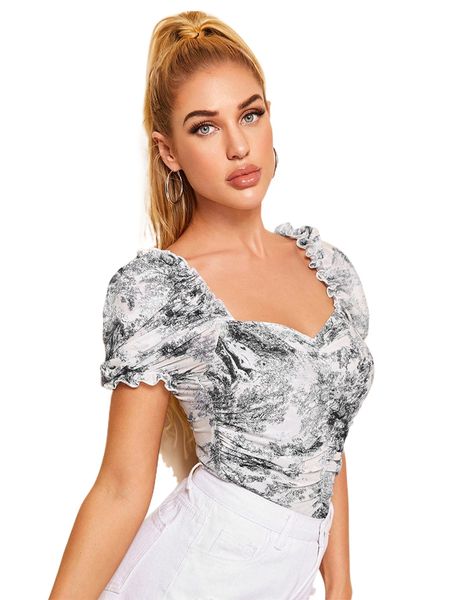 

club ruched landscape print mesh milkmaid y1ef#, White