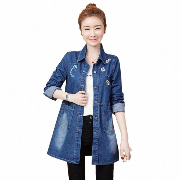 

women's trench coats spring jeans jacket women long denim coat embroidery peacock casual slim windbreaker ladies single breasted j17t#, Tan;black