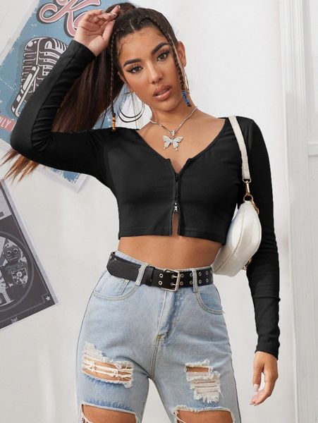 

zipper placket rib-knit crop tee z5dw#, White