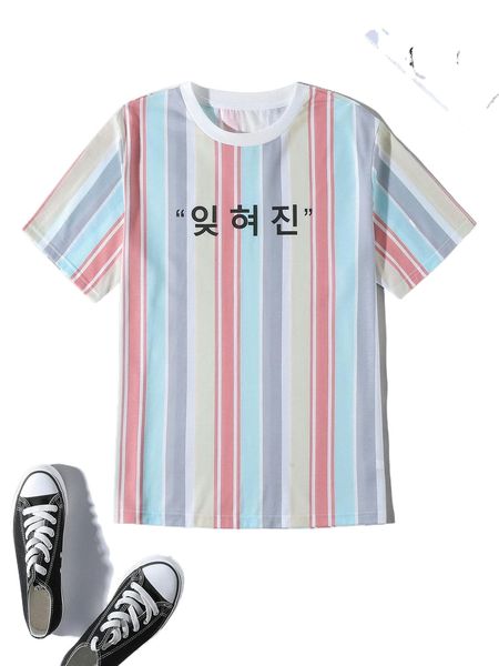 

men korean letter & vertical striped tee l8ha#, White;black