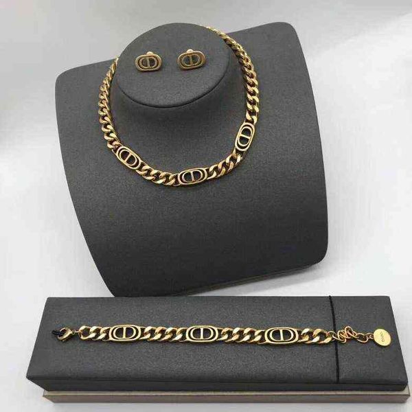 

earrings classic letter necklace feminine temperament with red clavicle chain bracelet, Golden;silver