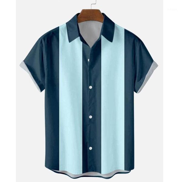 Herren Casual Shirts 50s Hemd vertikal gestreift für Männer Button Up Kurzarmbluse Plus Size S-6xl Herren Bowlingkleid