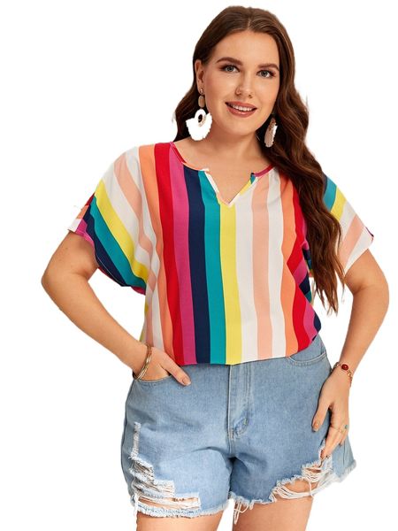 

plus stripe batwing sleeve notched neckline blouse 16yn#, Black