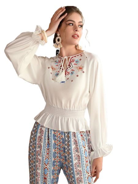 

tie front fringe detail floral print ruffle hem shirred o1jh#, White
