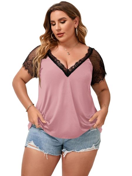 

plus contrast lace raglan sleeve s2df#, Black