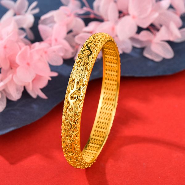 Bangle Women Phoenix Dragon Padrão Dubai Jóias 18K Amarelo Gold Casamento Festa de Casamento Lady Hollow Filigree Bracelet Gift