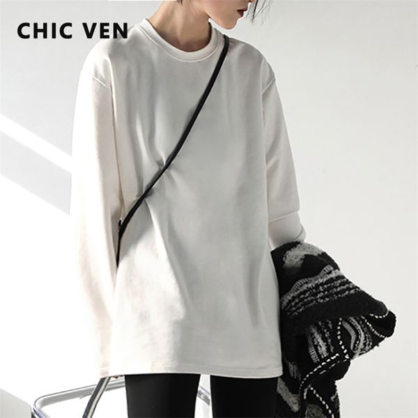 

chic ven spring autumn womens solid color loose long sleeve tshirt oneck basic bottomed shirt casual tshirt woman femal 220809, White