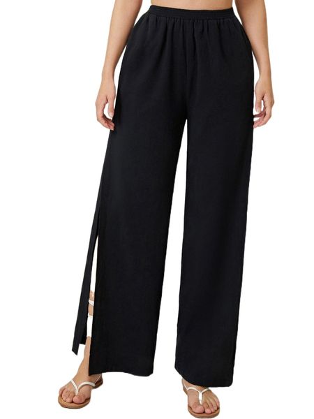 

elastic waist split thigh wide leg pants d5fx#, Black;white