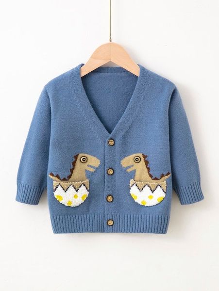 

toddler boys dinosaur pattern dual pocket button front cardigan she, Blue