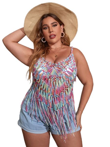 

plus colorblock hollow out fringe hem cover up without bikini k5id#, Black