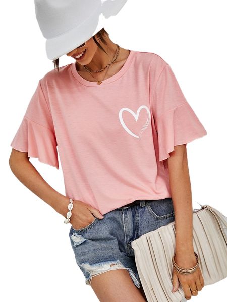 

heart print flounce sleeve tee i4dm#, White