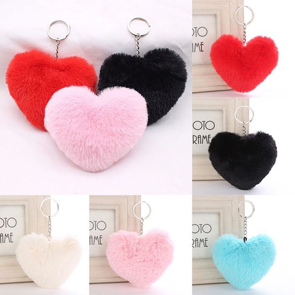 Fluffy Pompon Portachiavi Morbido tinta unita a forma di cuore Pompon Faux Rabbit Fur Ball Car Handbag Portachiavi Accessori regalo