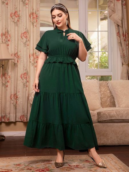 

plus tie neck flutter sleeve ruffle hem dress i41p#, Black