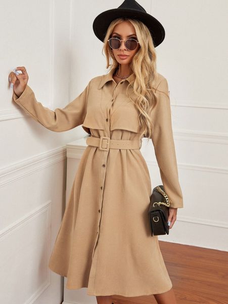 

solid button through belted shirt dress g5nb#, Black;gray