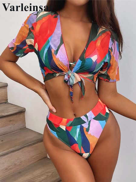 

s-xxl colorful print high waist bikini female swimsuit women swimwear three-piece bikini set bather bathing suit swim v2805p, White;black