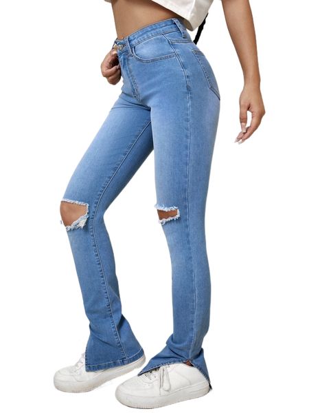 

split hem ripped detail skinny jeans 95a1#, Blue