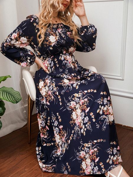 

plus floral print lantern sleeve tie front dress f33u#, Black